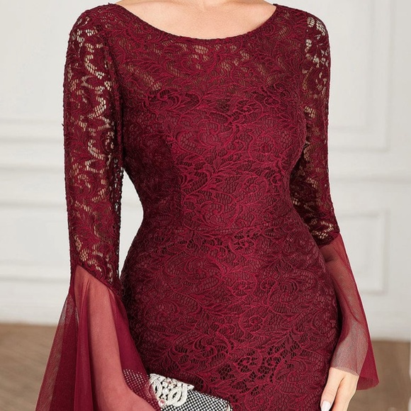 Lace Evening Dress in Burgandy with Tulle sleeve accents. - Picture 2 of 5